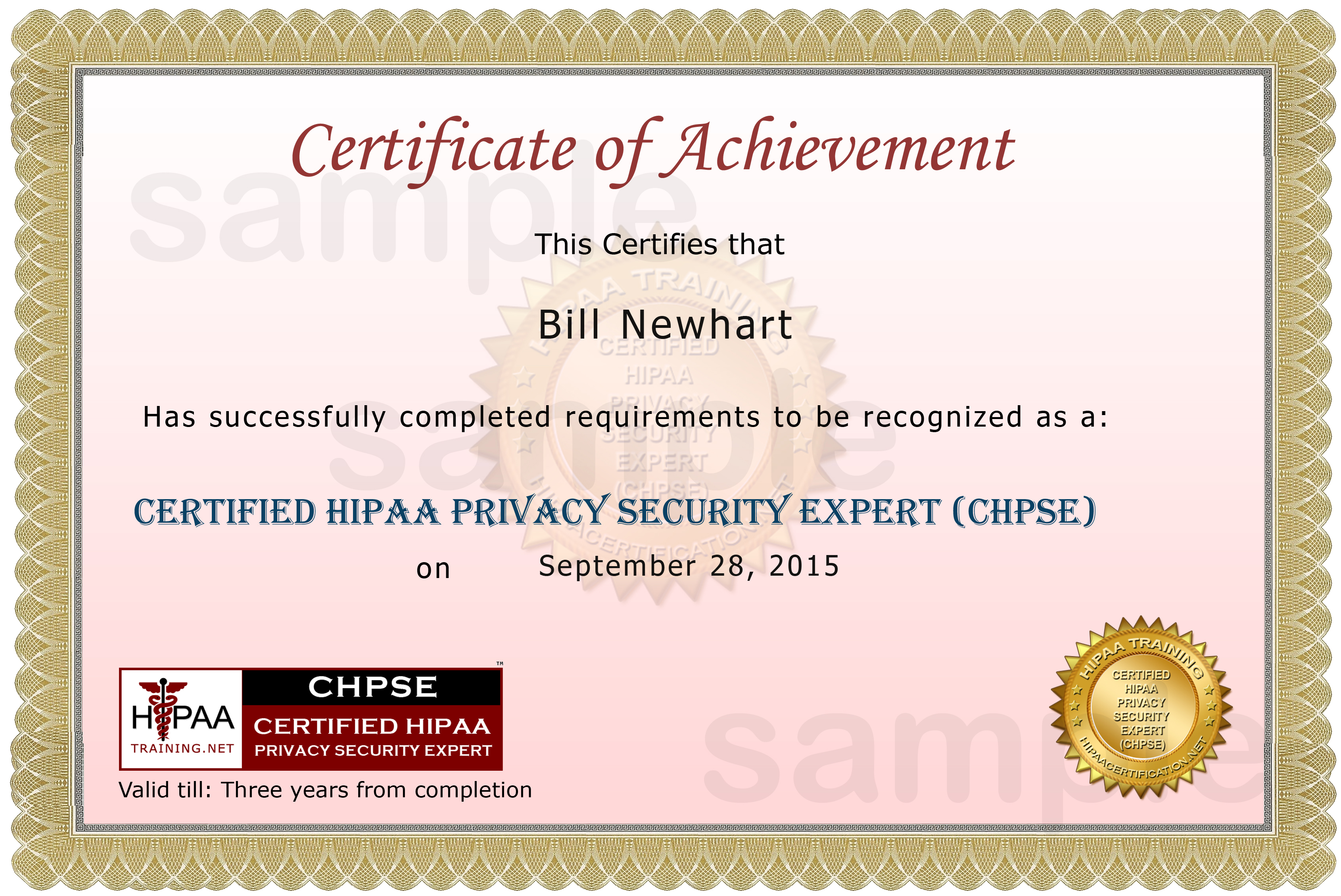 chpsecertificatesample - HIPAA Training and Certification